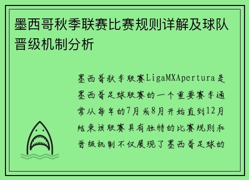 墨西哥秋季联赛比赛规则详解及球队晋级机制分析