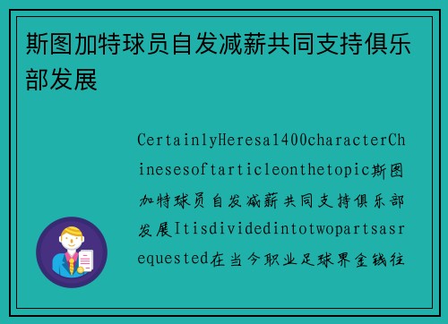 斯图加特球员自发减薪共同支持俱乐部发展